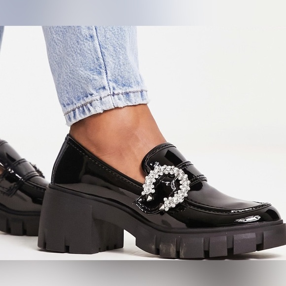 Steve Madden Other - Steve Madden Hailey Chunky Heel Black vegan Patent Bling Buckle size 13